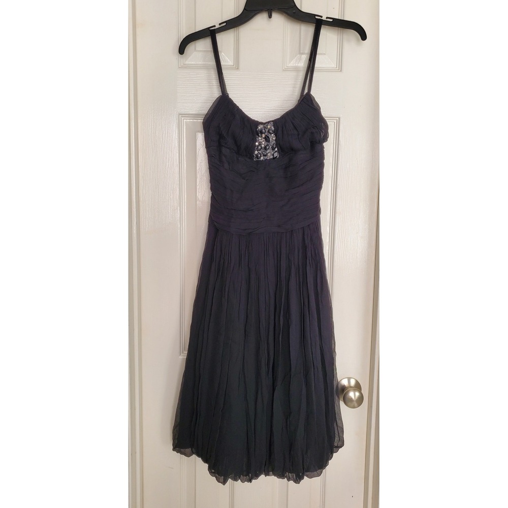 BCBGMAXAZRIA Silk Cocktail Dress Black Beaded Ruched Chiffon Party Event S